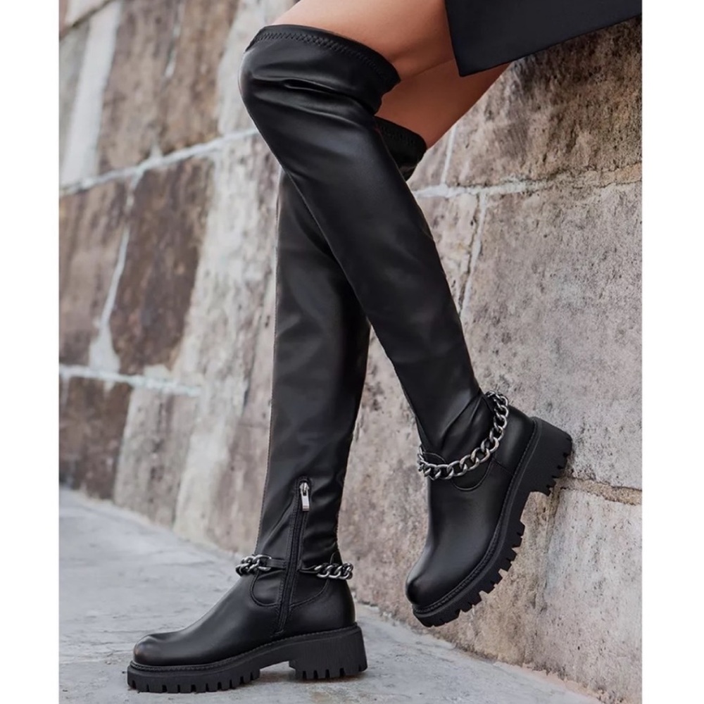 Guess GBG Los Angeles knee high black combat boots with silver chain